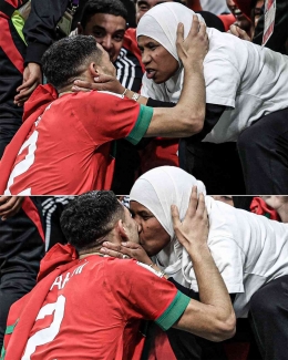 Sang bunda menciumi Achraf Hakimi setelah turut meloloskan timnas Maroko ke perempat final Piala Dunia. Sumber : Twitter/PelatihBart