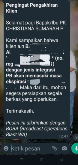 Pesan untuk ingatkan batas waktu pengakhiran klien pemasyarakatan Bapas Surakarta(7/12). Dok. Humas Bapas Surakarta