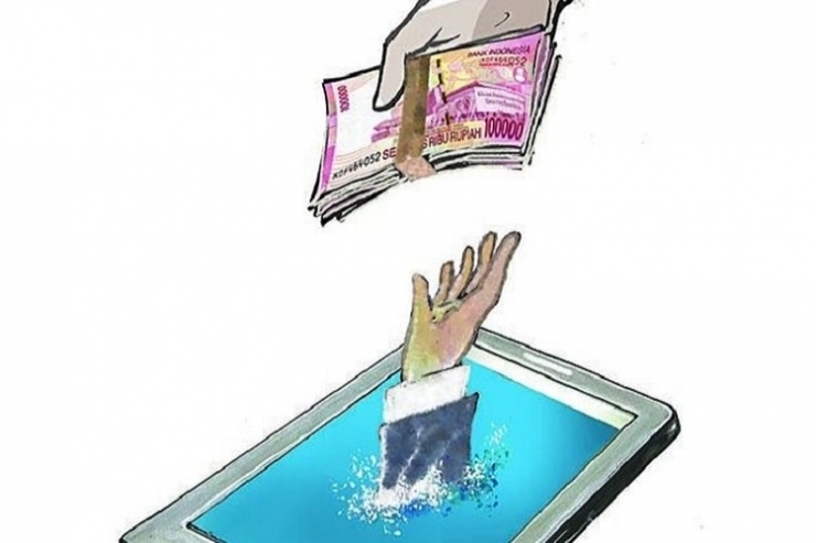 Ilustrasi berutang pada lembaga pinjaman online. (Sumber: Kompas.id/Didie SW)