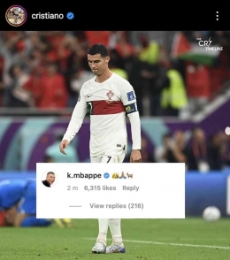 Komentar Mbape di unggahan akun resmi Cristiano Ronaldo usai Portugal tersingkir di Piala Dunia 2022 oleh Maroko. (twitter/@TimelineCR7)