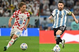 Gelandang Kroasia Luka Modric (kiri), dan penyerang Argentina Lionel Messi (kanan). (AFP/NELSON ALMEIDA & ALFREDO ESTRELLA via Kompas.com)