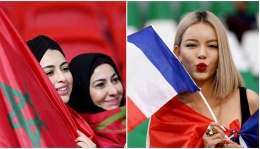 Fans Maroko dan Prancis mendukung tim kesayangan mereka (FotoBola.com/Muhammad Iqbak Ichsan). 