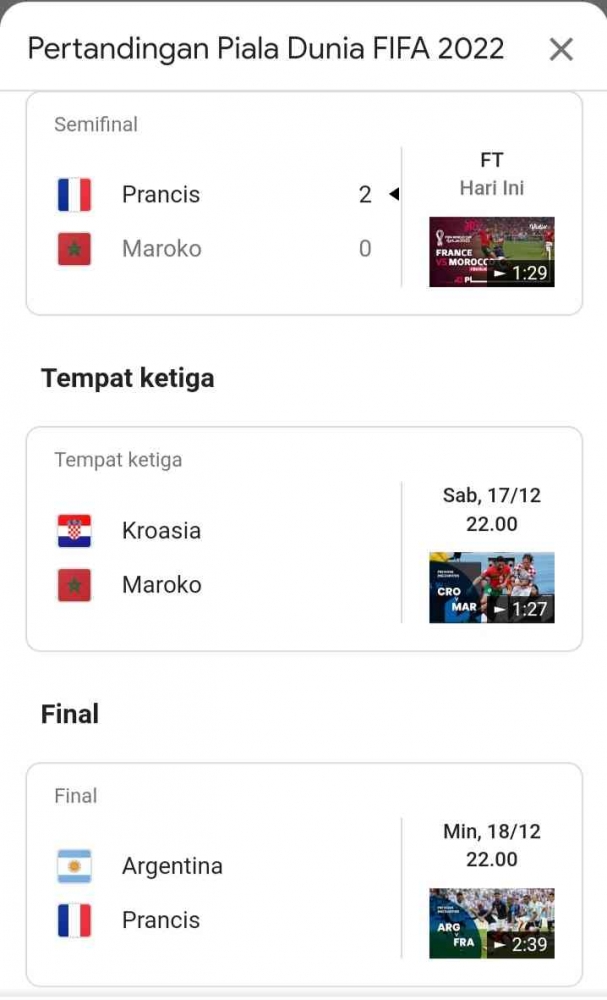 Jadual final dan perebutan tempat ke-3 Piala Dunia 2022 (sumber : tangkapan layar google. com) 