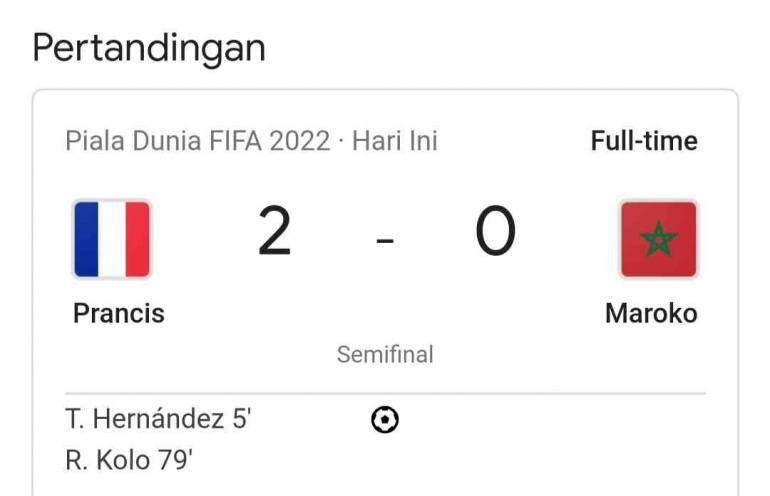 Hasil tangkapan layar HP. Pertandingan Antara Prancis Vs Maroko.