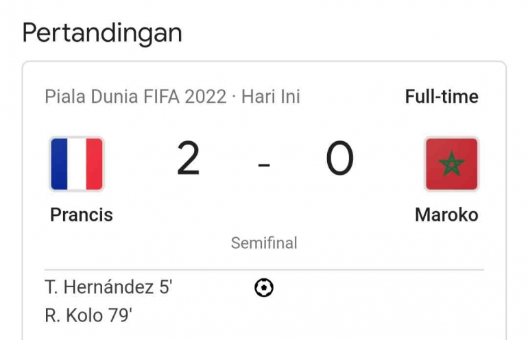 Hasil tangkapan layar HP. Pertandingan Antara Prancis Vs Maroko. 