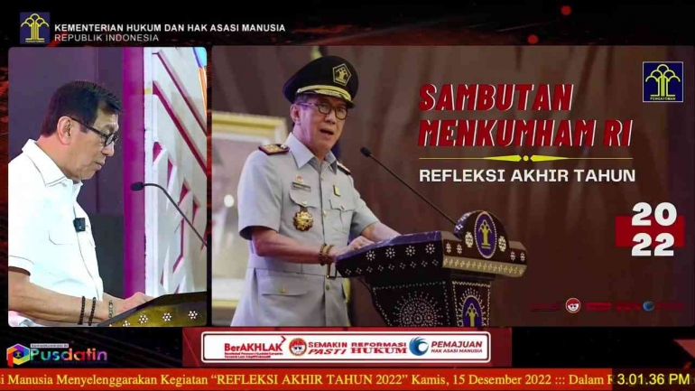 Tangkapan layar zoom Menteri Hukum dan HAM Republik Indonesia, Yasonna H. Laoly saat memberikan sambutan. Foto: RutanPurbalingga. 