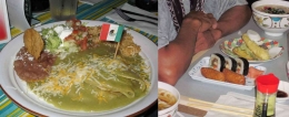 Hasil olahan jagung ditancapkan bendera Mexico dan makanan ala Jepang; kolase foto; dokpri Roni Bani