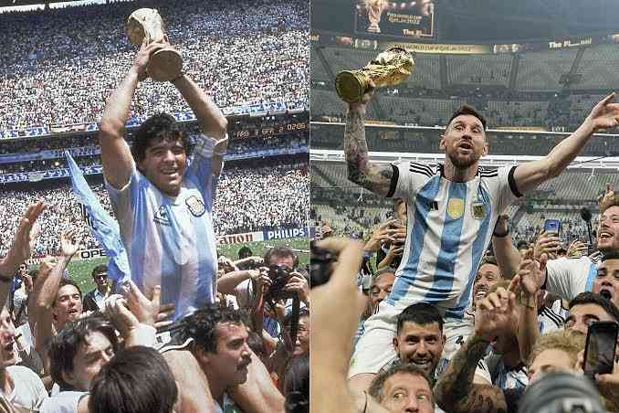Momen selebrasi juara Piala Dunia Maradona (1986) dan Messi (2022) (Marca.com)