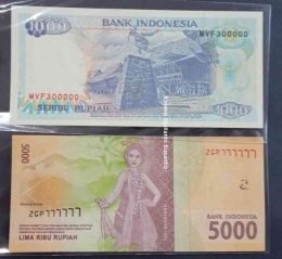 Koleksi uang kertas Rp 1000 dan Rp 5000 bernomor istimewa (Dokpri)