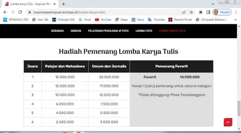Kuota Juara Favorit untuk Lomba Karya Tulis tiap Kategori (Screenshot: Inspirasiperempuan.kompas.id).