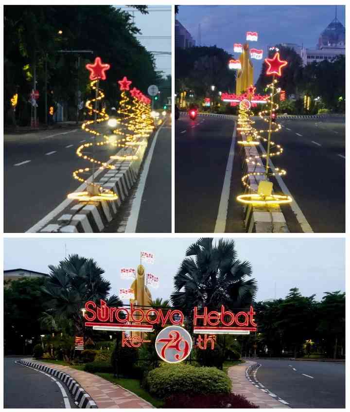 Lampu hias berbentuk pohon Natal dan bintang di pucuknya, terpasang di sekitar jalan Monumen Bambu Runcing (foto: dok. pribadi)