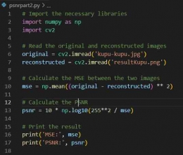 Contoh Codingan PSNR menggunakan Bahasa Pemrograman Python.