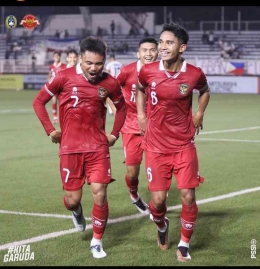 Para pemain Indonesia merayakan gol yang dicetak oleh Marcelino Ferdinand/dok.pssi