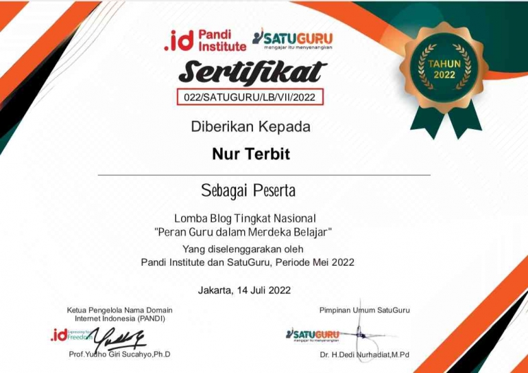 Salah satu sertifikat sebagai penghargaan ikut peserta lomba blog (repro Nur Terbit)