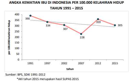 Gambar 1. Angka kematian ibu di Indonesia per 100.000 KH tahun 1991-2015. Sumber: BPS SDKI 1991-2012