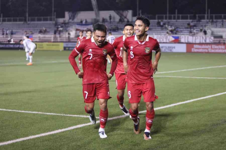 Marselino Ferdinan berselebrasi ketika mencetak gol ke gawang Filipina, gol perdananya di Piala AFF (Foto PSSI).
