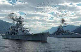 Prinz Eugen (Kiri) dan Bismarck (Kanan) berlabuh di Grimstadfjord, Norwegia. Sumber : 3dhistory.de