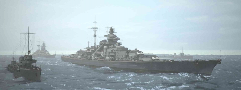 Ilustrasi Bismarck, Prinz Eugen meninggalkan Gotenhafen dan dikawal oleh Kapal Perusak (Destroyer). Sumber : renderosity.com by adlersgp 
