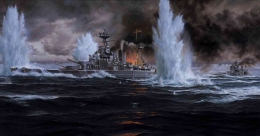 Ilustrasi HMS Hood dan HMS Prince Of Wales yang sedang dihujani Meriam Kapal Perang Jerman. Sumber : Navywings.org.uk