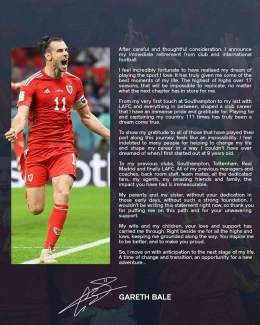 Postingan pernyataan pensiun Gareth Bale via media sosial (Instagram @garethbale11)
