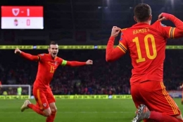 Gareth Bale rayakan gol Aaron Ramsey di kualifikasi Euro 2020, 19/11/2019. Keduanya bagian dari generasi emas Wales: AFP/PAUL ELLIS via Kompas.com