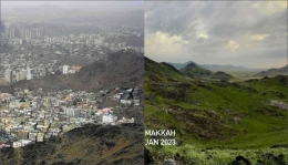 Daratan Mekkah sebelum dan setelah menjadi hijau | foto: wikipedia.org, Twitter/@theholymosques