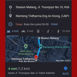 Tangkapan layar Google Map jarak tempuh dari Stasiun Kota Baru menuju Klenteng Eng An Kiong | Dok. Pribadi 