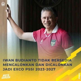 Pernyataan PSSI di laman instagram resminya mengenai keputusan Iwan Budianto dua hari yang lalu (instagram/PSSI)