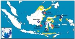 (Peta distribusi suku Bajo di Indonesia. Sumber: Pradiptajati Kusuma, dkk; 2017)