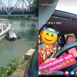 Terlihat beberapa warga saling membantu mengevakuasi mobil dan tangkapan layar postingan status  korban beberapa jam sebelum kejadian (Sumber 