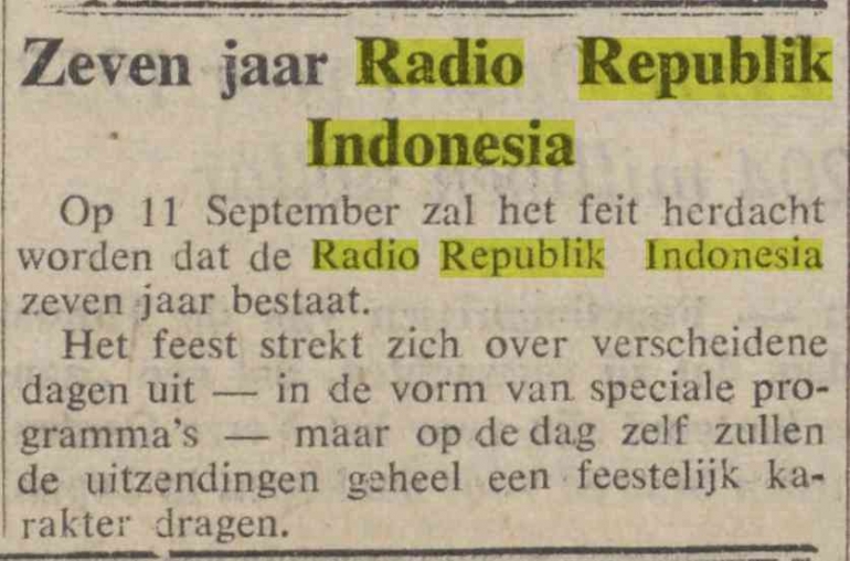 Potongan koran De Nieuwsgier (10 September 1952), mengenai peringatan & perayaan HUT RRI ke-7 tahun (Sumber: Delpher)
