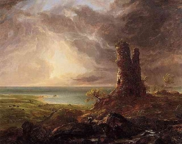 The Romantic Landscape wit Ruined Tower (Thomas Cole, 1832). Sumber: Wikimedia Commons