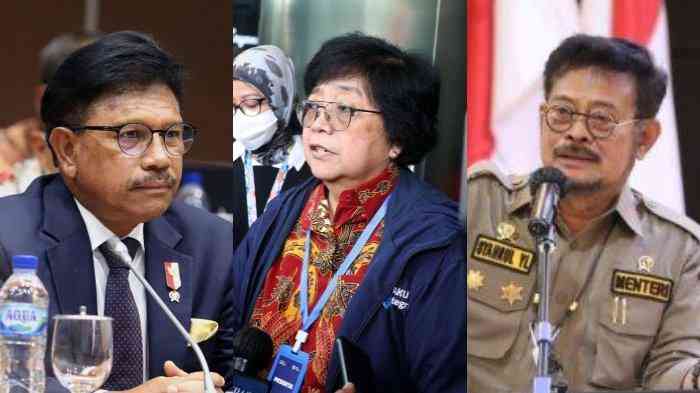 Tiga menteri asal NasDem; Johnny G Plate, Siti Nurbaya Bakar, dan Syahrul Yasin Limpo. Siapa bertahan, siapa dicopot? (Foto: Tribunnews.com).