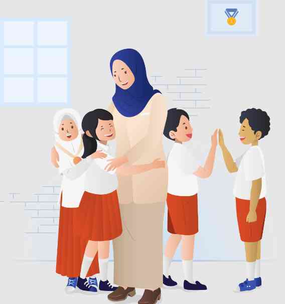 Ilustrasi guru bersahaja bersama murid-muridnya. (Sumber: sekolah.penggerak.kemdikbud.go.id)