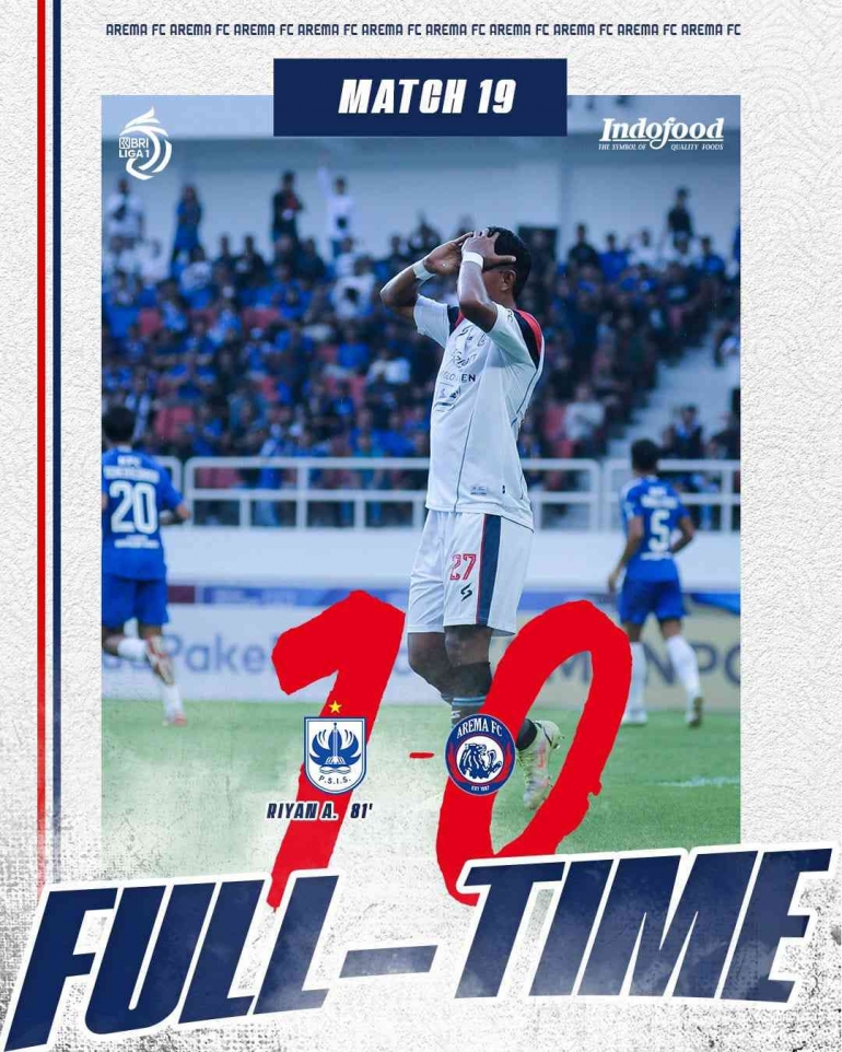 Arema FC menelan kekalahan 1-0 atas tuan rumah PSIS Semarang dalam lanjutan Liga 1 pekan ke 19 (foto: @aremafcofficial) 