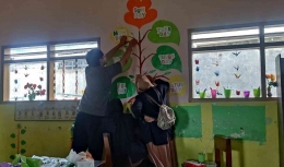 Kelompok 3 KKM Mahasiswa UIN Malang menghias dinding dengan media pembelajaran bahasa inggris tentang nama-nama hari/dokpri