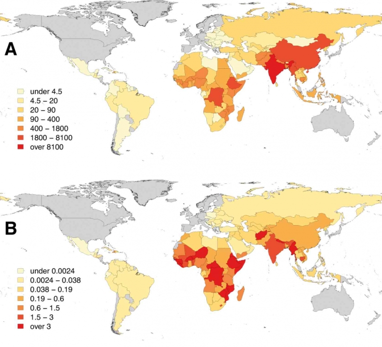 Peta yang memperlihatkan sebaran kasus rabies di dunia pada tahun 2017 (Sumber: WHO)