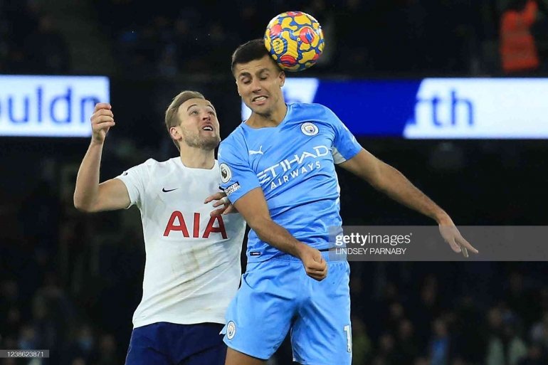 Kane and Rodri fought each other in City v Tottenham Match (Photo by LINDSEY PARNABY AFP via Getty Images)