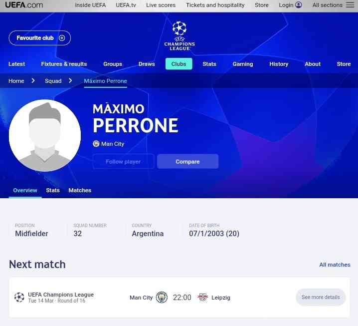 Maximo Perrone sudah terdaftar di Liga Champions 2022/2023 (Source: Man City News FB Account) 