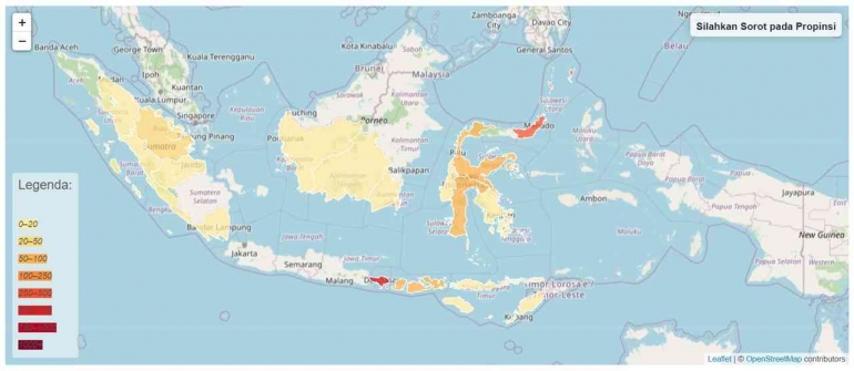 Persebaran dan densitas kasus rabies pada hewan yang dilaporkan di Indonesia tahun 2022 (Sumber: Kementerian Pertanian)