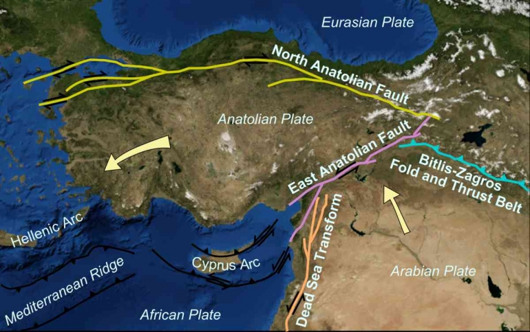gambar: Lempeng Arab bertabrakan dengan lempeng Anatolia di patahan Anatolia sebelah timur (sumber: Mikenorton/Nasa/wiki, CC BY-SA)