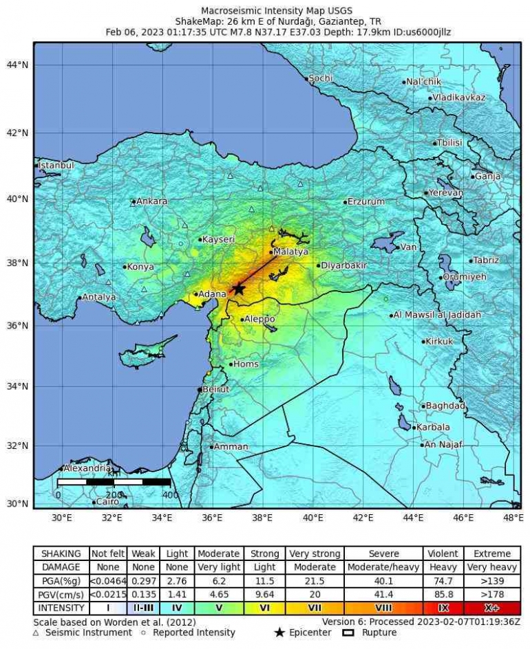 Lokasi, kekuatan, dan wilayah yang dipengaruhi gempa Turki pada 6 Februari 2023 (sumber: earthquake.usgs.gov)
