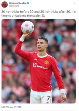 Cristiano Ronaldo mencetak 61 hattrick sepanjang karirnya(Source: Official Twitter Account @cristiano)