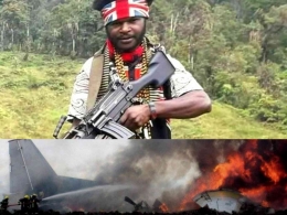 Egianus Kogoya dgn senapan minimi dan ilustrasi pesawat Susi Air yg terbakar di Papua. Foto : Dikolase dari bisnis.tempo.co dan manado.tribunnews.com