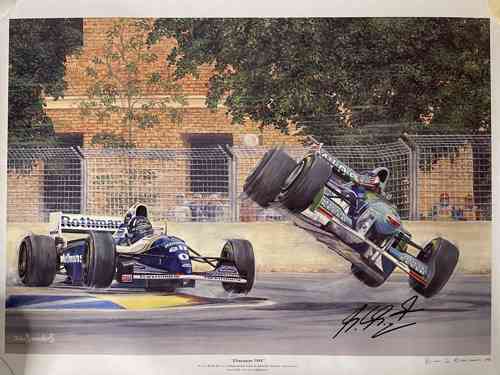 Lukisan Damon hill (kiri) dan Schumacher (kanan) crash oleh JOHN SAUNDERS (f1collectors.com)