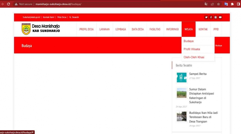 Gambar 2. Tampilan laman pojok budaya yang masih belum terisi di website Desa Manisharjo (Dok. pribadi)