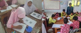 Gambar 1. Pelaksanaan kegiatan melukis kaligrafi Jepang di SDN 01&05 Sima.