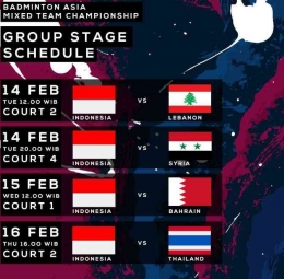Jadwal Indonesia di fase grup Kejuaraan Badminton Beregu Campuran Asia 2023: https://twitter.com/INABadminton