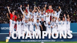 Para pemain Real Madrid selebrasi setelah memenangi final Piala dunia antar klub 2022 melawan Al Hilal di Stadion Pangeran Moulay Abdellah, Rabat, Maroko, Minggu (12/2/2023).| Twitter@realmadrid via aceh.tribunnews.com