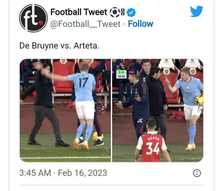 Insiden Arteta dan De Bruyne/twitter football_tweet